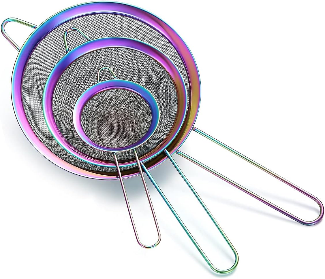 Rainbow Fine Mesh Strainer 3 Pieces Set, Colorful Flour Sifter For Baking, Stainless Steel Clander, Mutil-Color Matcha Tea Strainer, Gravy Separator, Stasher Sieve Pasta Strainers