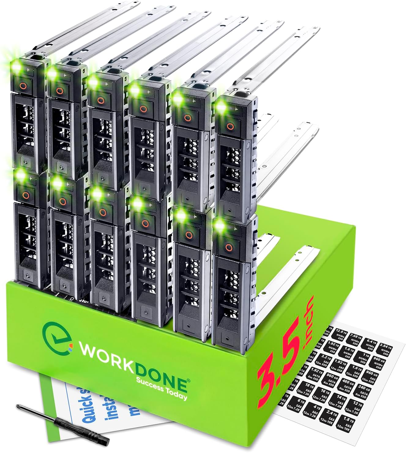 12-Pack - 3.5" Hard Drive Caddy - Compatible for Dell PowerEdge Selected 14-15th Gen. Servers - with Detailed Setup Manual - Front Sticker Labels - Screwdriver - Strong Tray Screws