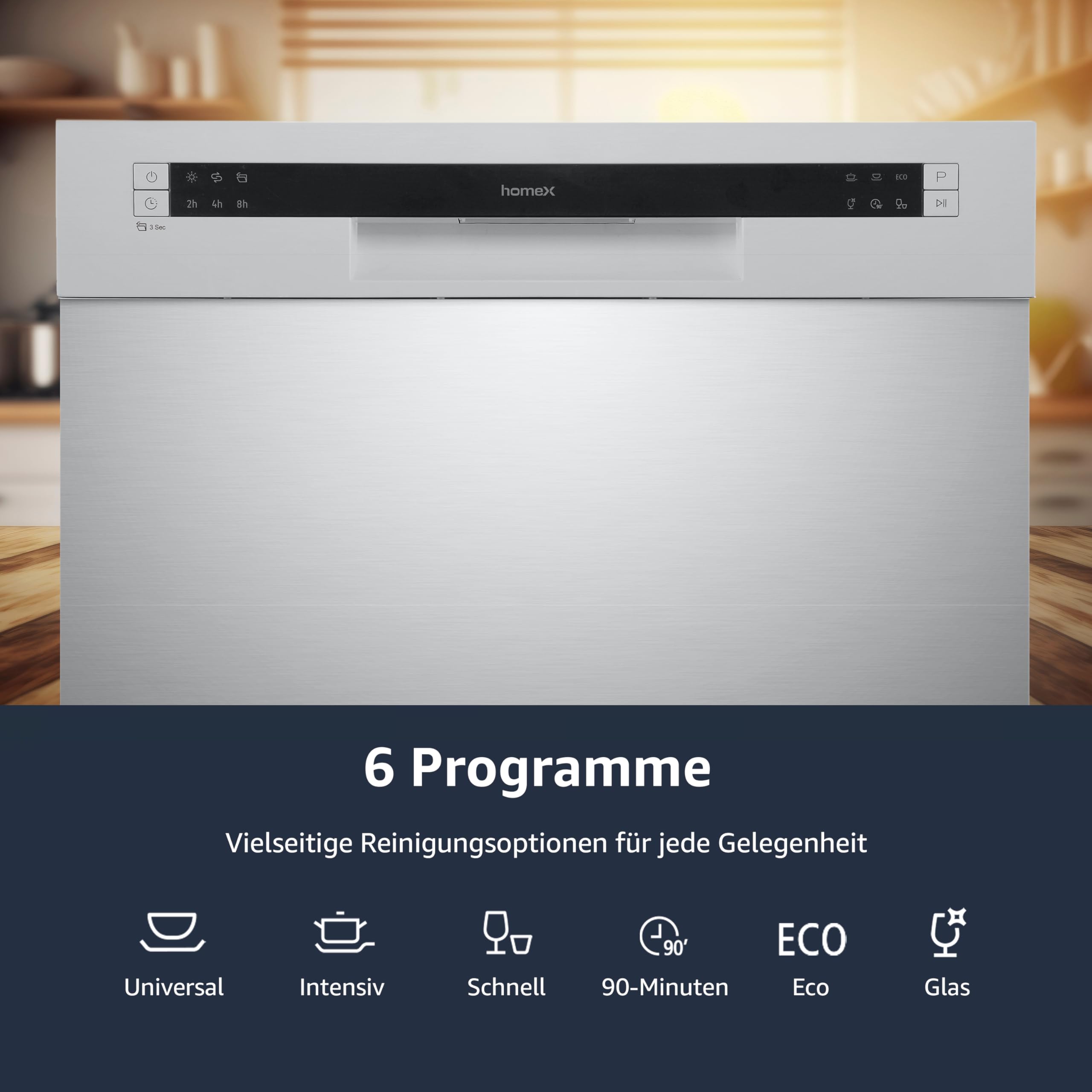 homeX Tischgeschirrspüler Mini Spülmaschine 6 Programme 6 Maßgedecke Aquastop Startvorwahl GST6AE-S silber