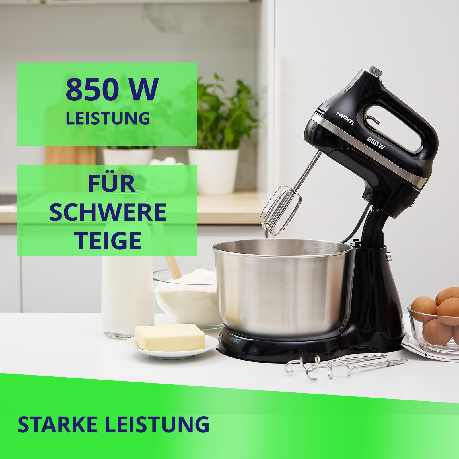 MPM Mikser ręczny z miską do mieszania stal szlachetna 4,2 l, 850 W, czarny