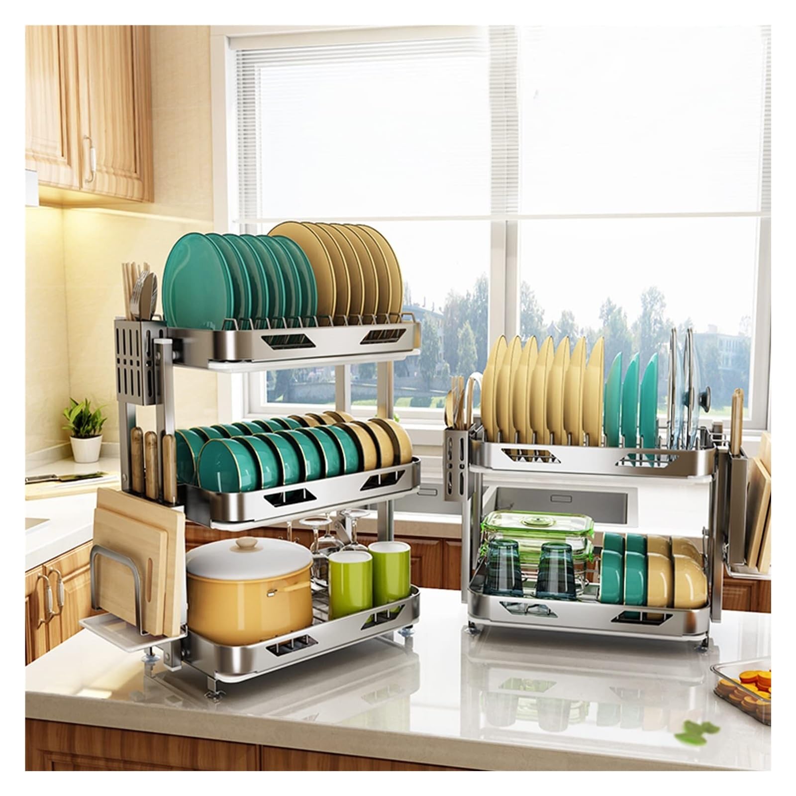 Genérico Escurridor de Platos de Acero Inoxidable con escurridor, escurridor de encimera de Cocina Inoxidable, for secar tazones, Platos y Tazas(2 Layer 42x35cm)