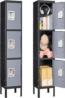 Metal Locker for School Home Office Gym, Steel Storage Lockers for Employees Students, 3 Tier Metal Storage Locker Cabinet with 3 Doors (Black Grey)