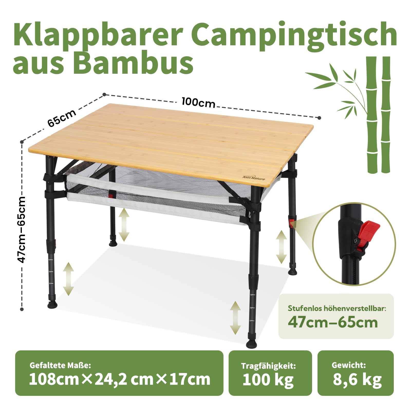 Join Nature Mesa de camping plegable de bambú 100 x 65 cm, altura regulable de 47 a 65 cm, plegable con bolsa de malla y bolsa de transporte, mesa plegable estable para jardín, camping y pícnic