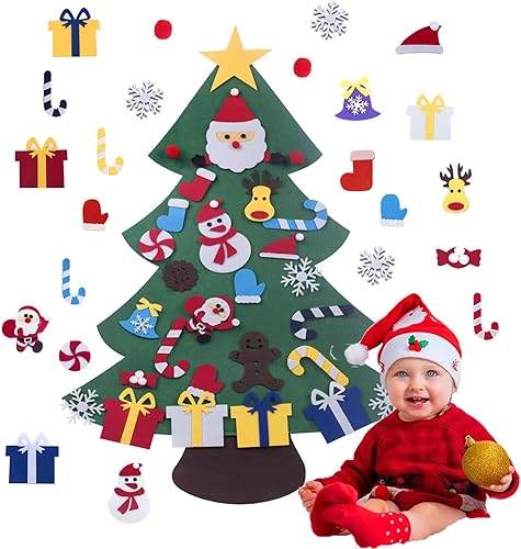 Árbol de Navidad de fieltro para pared de niños, juego de bricolaje para niños pequeños con 28 adornos, decoraciones de Navidad para puerta, fiesta