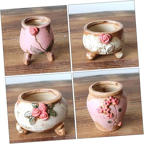Miniatura 7 de BESTOYARD 4 macetas pequeñas para suculentas, decoración de plantas, soporte para pulgar, flores al aire libre, mini macetas de cerámica, maceta de