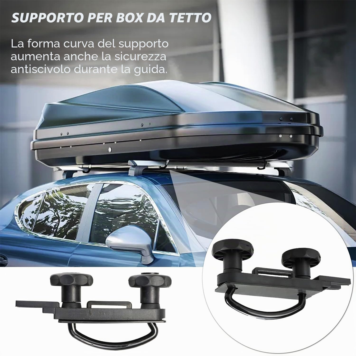4 set di fissaggio per box da tetto, staffa U universale, auto/furgone, viti U, 85 mm, set accessori installazione 8 dadi sicurezza 2 bende rotonde