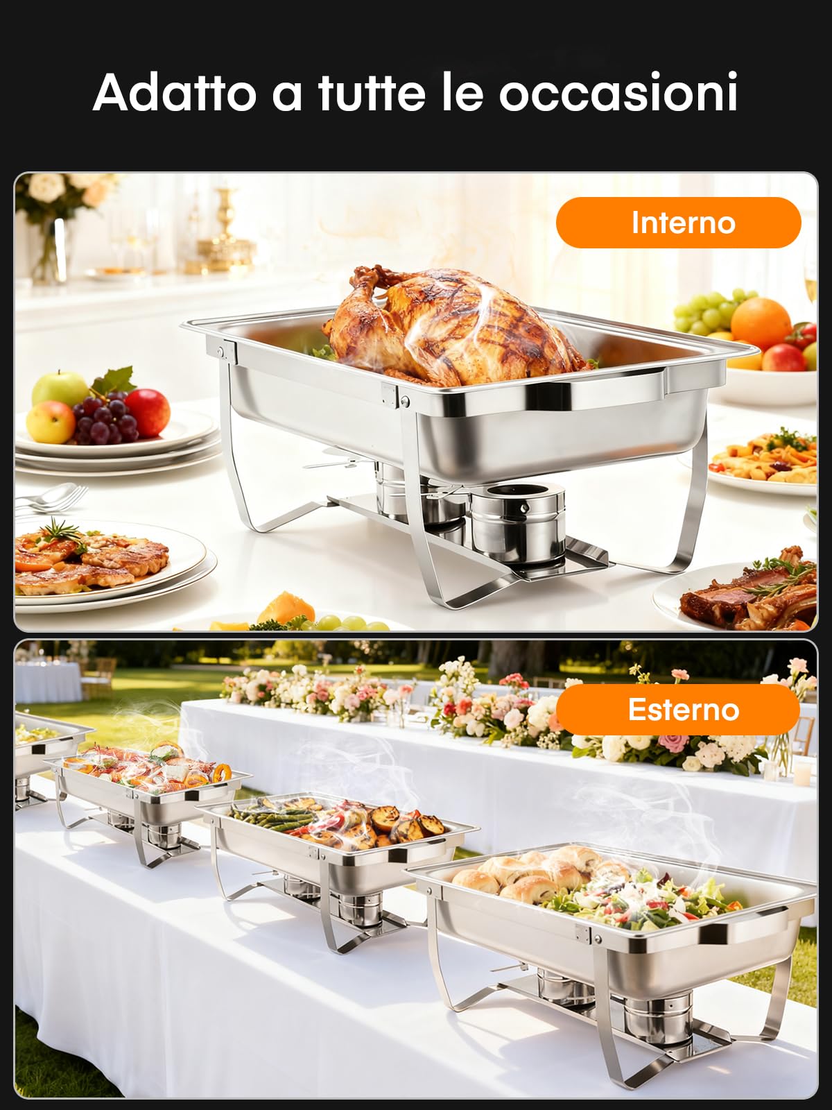 Scaldavivande per Buffet in Acciaio Inox, 4 Pezzi Chafing Dish Buffet, 9L Scaldavivande Rettangolare con Coperchio, per Catering, Feste, Buffet, Matrimoni (2×GN1/1+2×GN1/2+4×GN1/4)