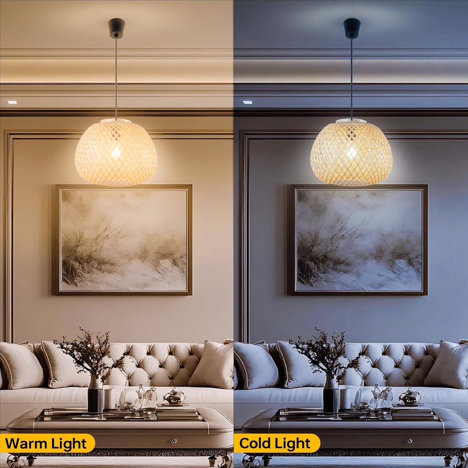 FIRVRE Bamboo Pendant Light Fixture, One-Light Adjustable Boho Basket Handmade Woven Pendant Lighting, Ceiling Light for Living Room Bedroom Kitchen