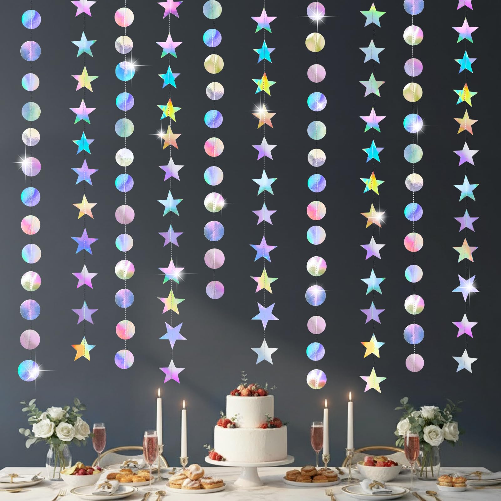 Yuccer Iridescent Round Star Garland Paper Garland Glitter Decoration Pack of 2