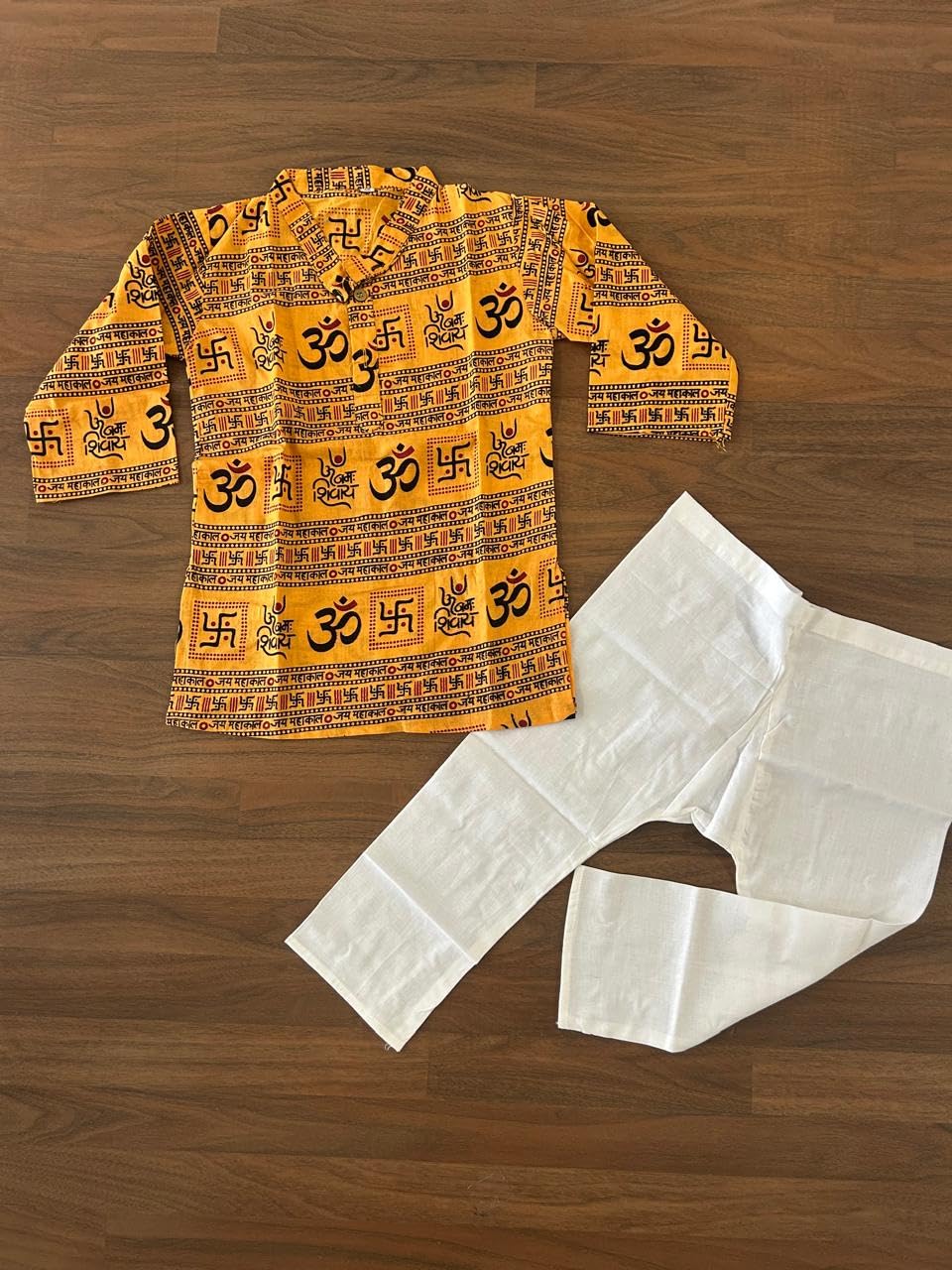 NiAK Om Print Cotton Kurta Pyjama Set, Traditional Indian Ethnic Wear with White Pyjama, Festival Casual Wear (Yellow, 1-2 Years)