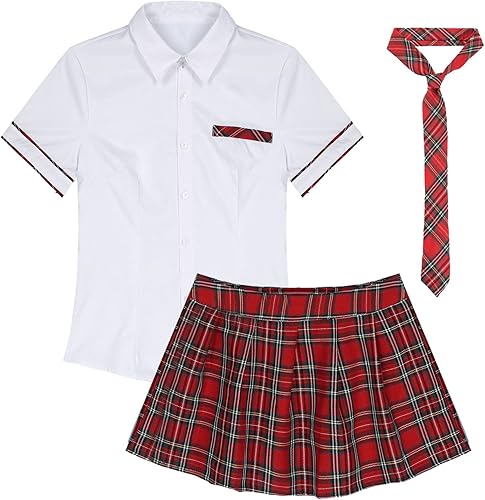 Vista 5 de FEESHOW Conjunto de uniforme para mujer, disfraz de cosplay con falda a cuadros