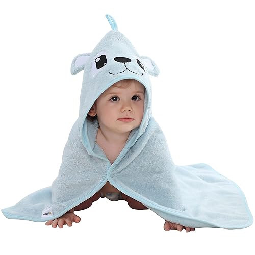 MICHLEY Toalla de baño con capucha de viscosa de bambú para niños y niñas, 29.5 x 29.5 pulgadas, ultra suave y de secado rápido para bebé (oso)