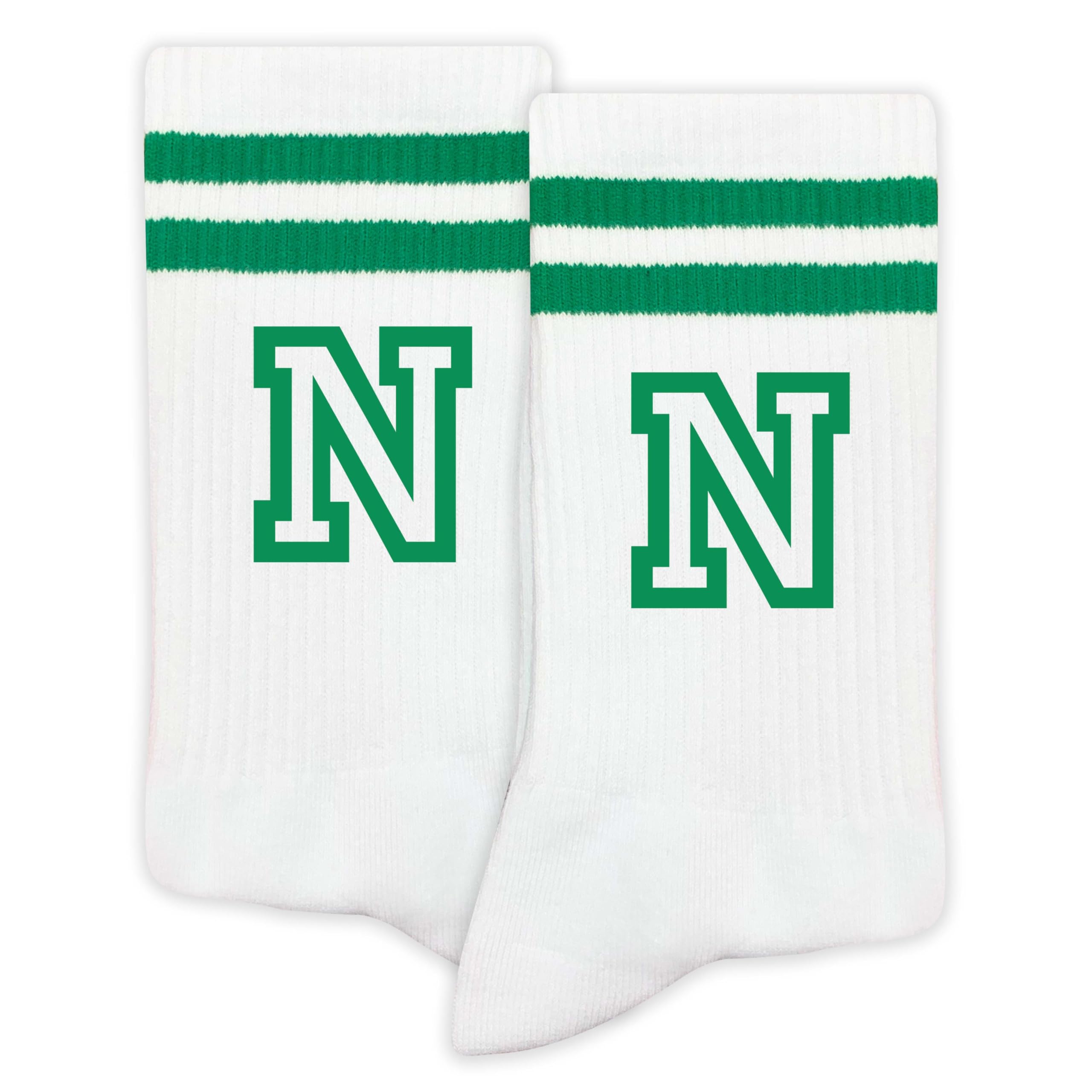 Striped Initial Socks with the Letter in Green, Socks for Adult, Teens, Men&Women Socks, Gifts for Friends, Family, etc.