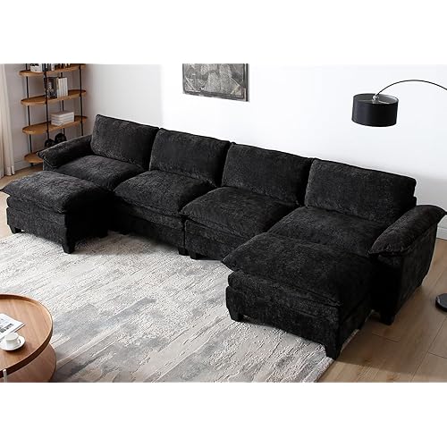 mestyl Modular Sectional Sofa Comfy Cloud Couch, U Shaped 4 Deep Seat Sofa Couch with 2 Ottoman, 157" Oversized Soft Modern Couches Set for Living Room, Chenille, Black MT001