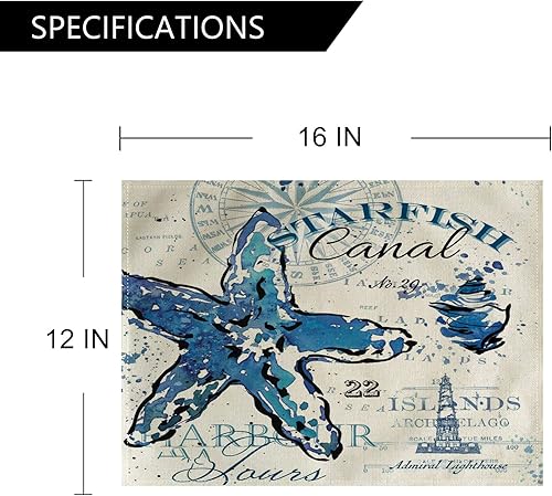 Miniatura 2 de Juego de 4 manteles individuales vintage con temática del mar, playa costera, océano, impermeables, resistentes al calor, lavables, antideslizantes,