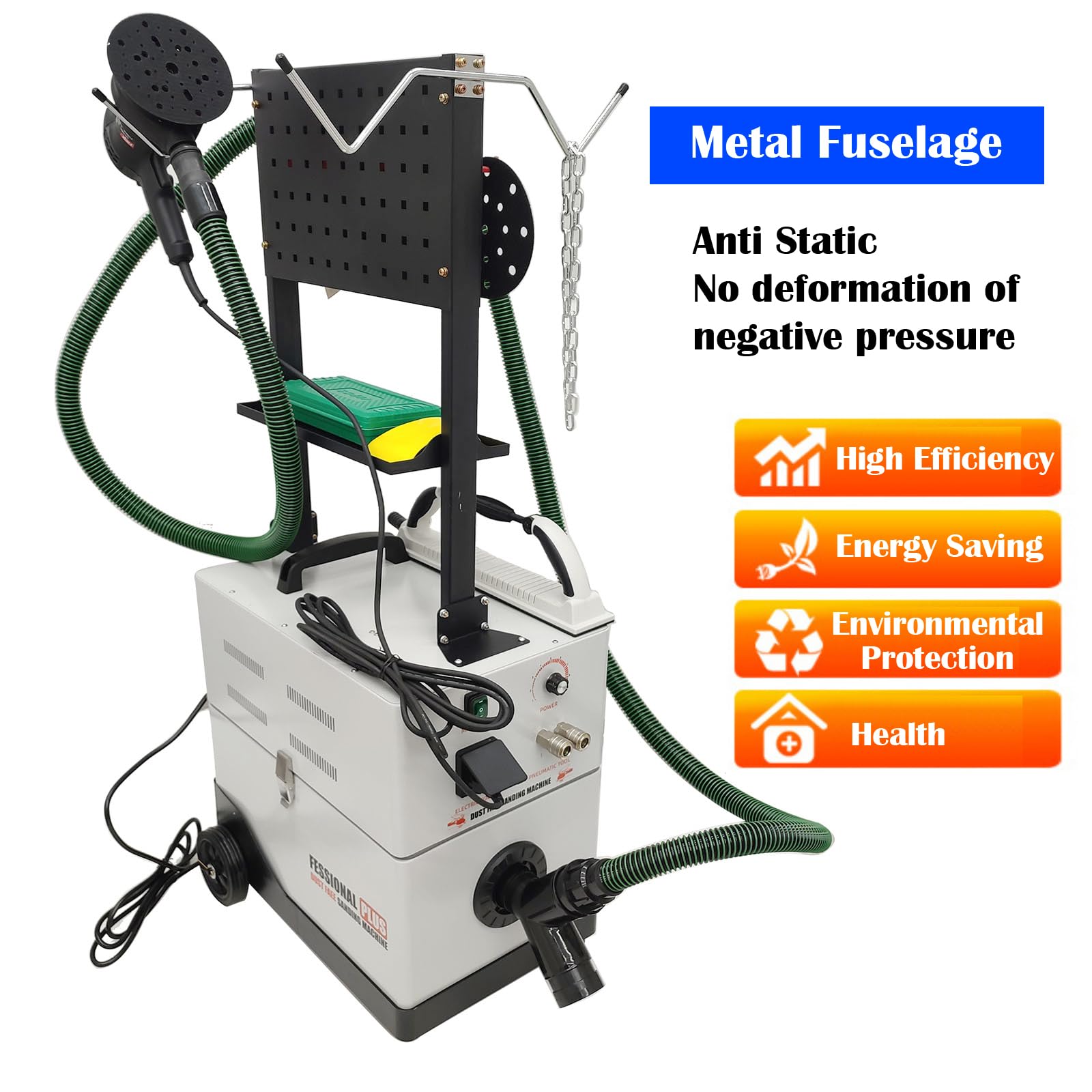 EQCOTWEA 220V Automobile Electric Grinding and Vacuuming Machine, Dust Free Sanding Machine with Double Grinding Heads, Dust Free Dry Grinding with 3900L/min Flow Rate, 50L Dust Collection Bag