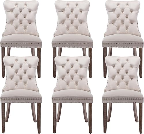 Miniatura 48 de Juego de 6 sillas de comedor de terciopelo gris, modernas sillas de comedor con respaldo copetudo y patas de madera maciza, sillas de comedor Gris