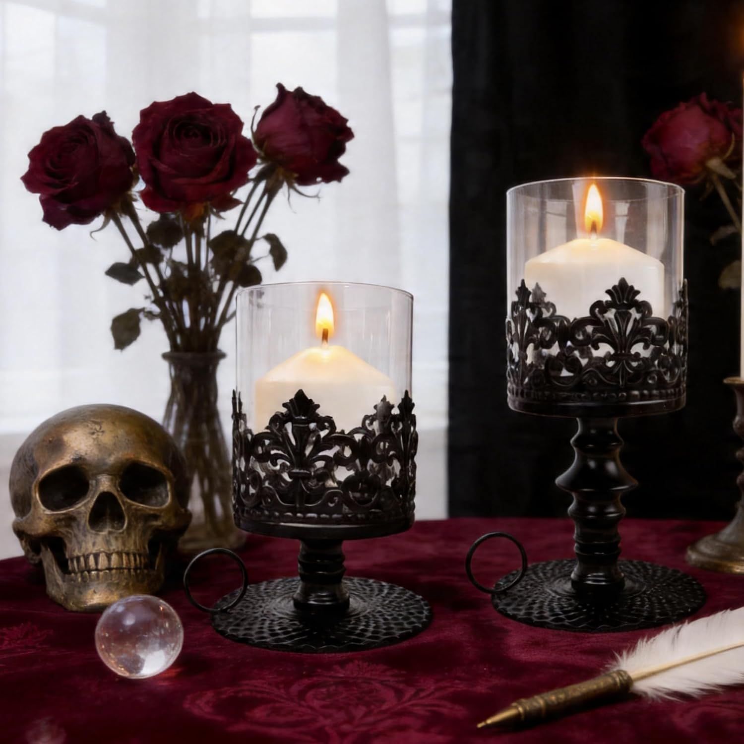 Hurricane Candle Holders for Pillar Candles - Gothic Luxury Candlestick Holder with Glass Sleeve, Vintage Decorative Candleholders for Dining Table Centerpiece Home Decor, 2PCS, S+S, Black