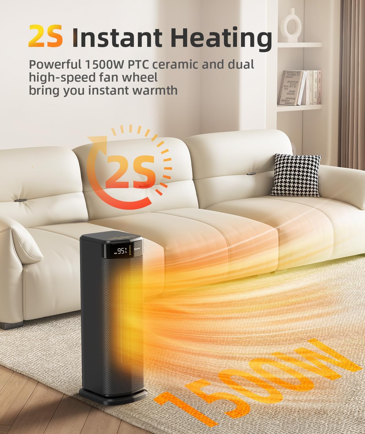 BREEZOME Space Heater for Indoor Use, 1500W Fast Heating Electric Heater with Thermostat & 24H Timer, 90°Oscillating PTC Ceramic Heater, Portable Room Heaters for Home Bedroom Office, Dark Grey