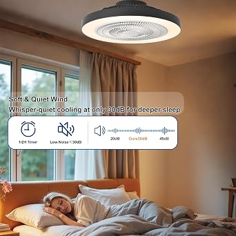 Depuley Flush Mount Ceiling Fan: 20 Inch Bedroom Modern Low Profile Led Ceiling Fans with Light - Smart APP and Remote Control Black Bladeless Fandelier Dimmable Quiet DC Motor for Kitchen Lighting [Energy Class F]