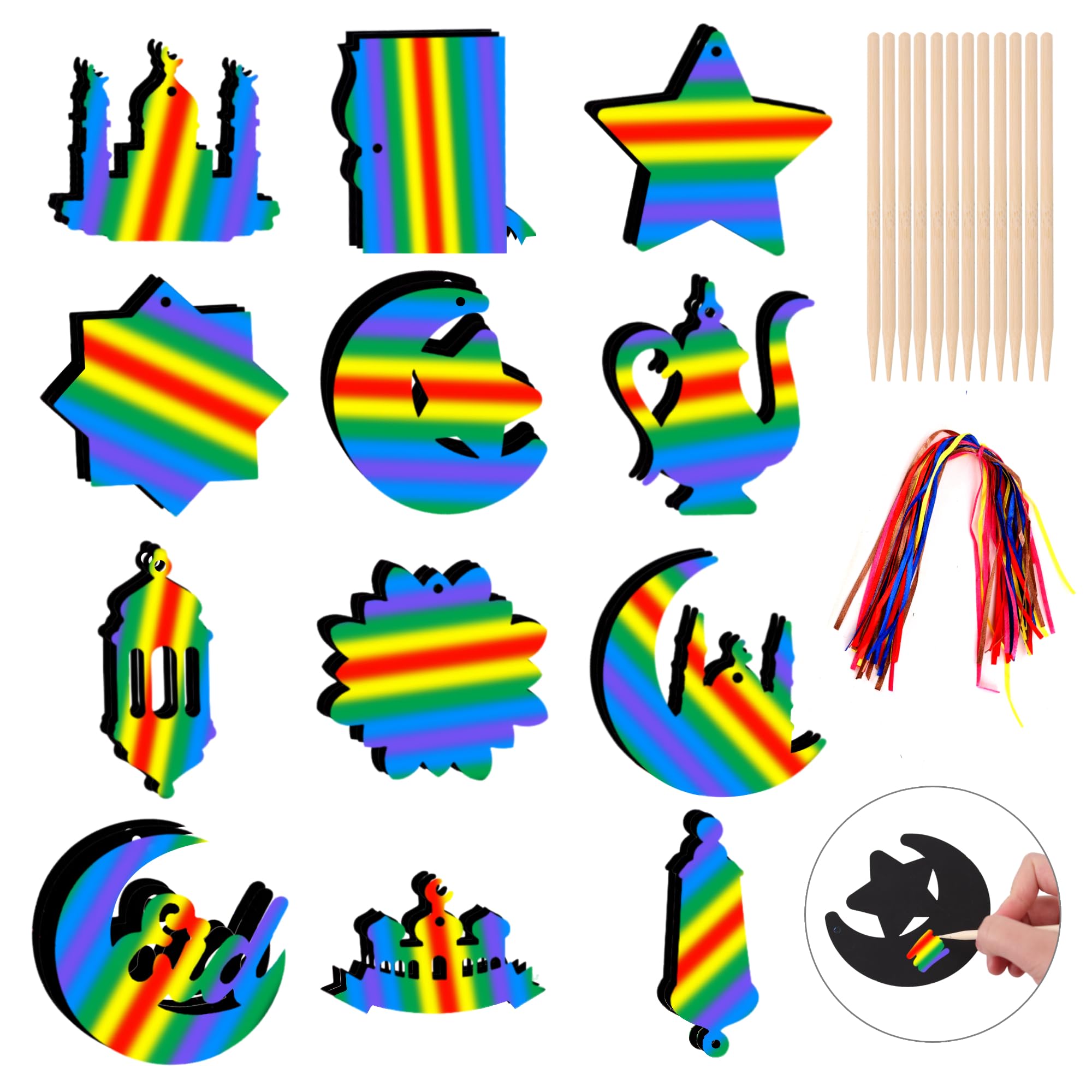 36 PCS Ramadan Eid Scratch Art for Kids Ramadan Lantern Moon Star Castle Shaped Rainbow Paper Eid Mubarak Decorations with Ribbon