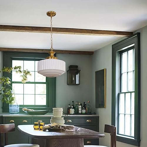 Miniatura 9 de Lámpara colgante de vidrio de leche de latón vintage, candelabro de vidrio plisado blanco de 13.8 pulgadas, luces colgantes antiguas, para