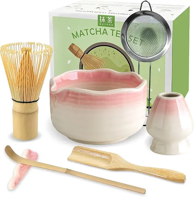 JBER Matcha Set 7-Piece - Bamboo Whisk, Bowl, Accessories - Gradient Pink