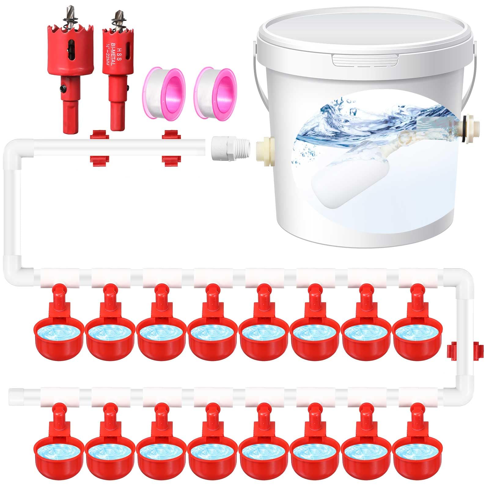 Complete Set Pipeline Automatic Poultry Nipple Waterer, 1/2" PVC Tee Fittings and Other Parts for Chicken, Turkey, Duck, Pigeon, Quail Feeding and Watering