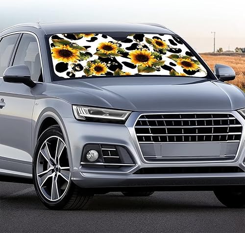 Miniatura 3 de Renewold Parasol plegable para parabrisas de automóvil, con estampado de vaca y girasol, bloquea los rayos UV, tamaño universal para la mayoría de
