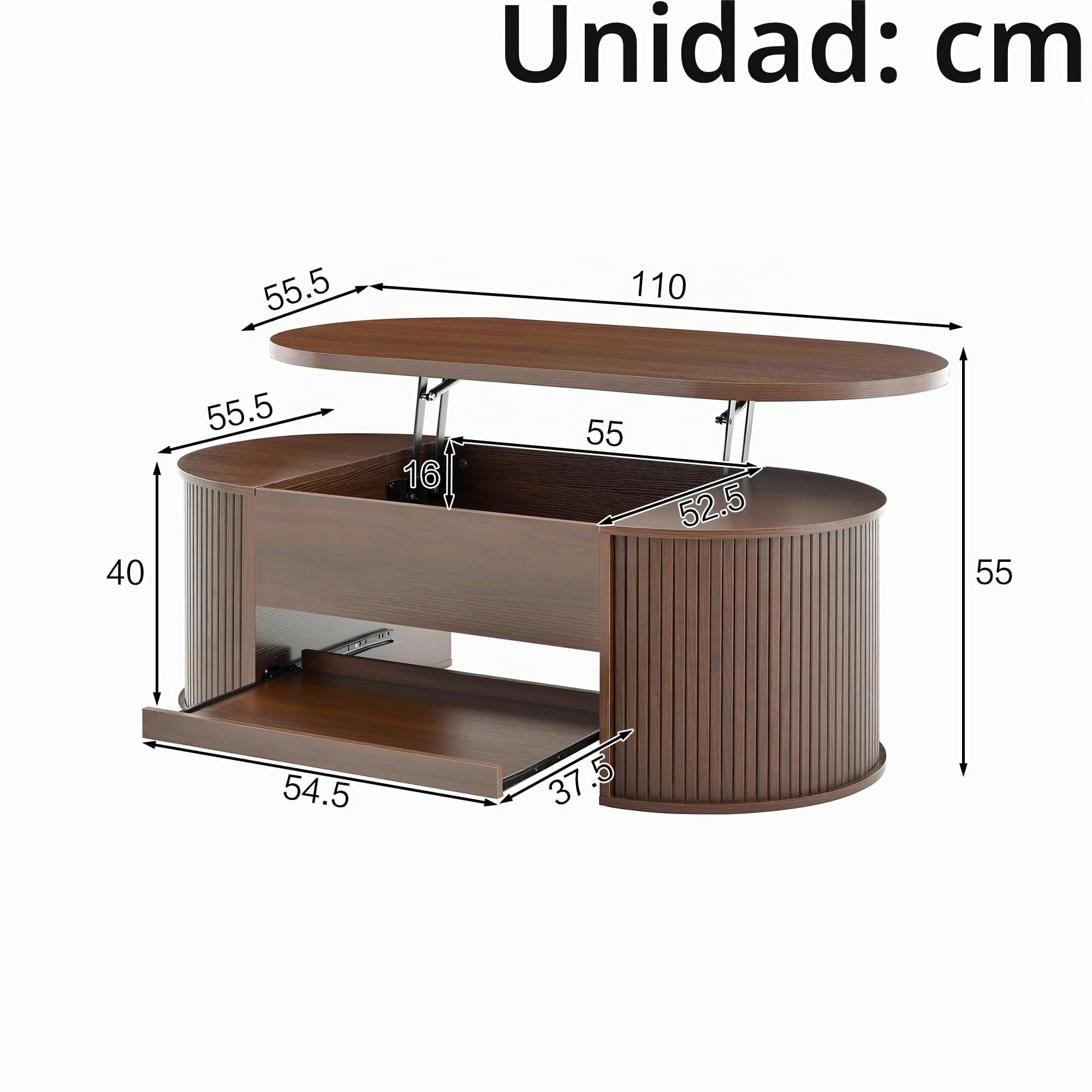 Mesa de salón con lados curvos de madera levantables, tablero deslizante, complemento de mobiliario multifuncional para el salón.