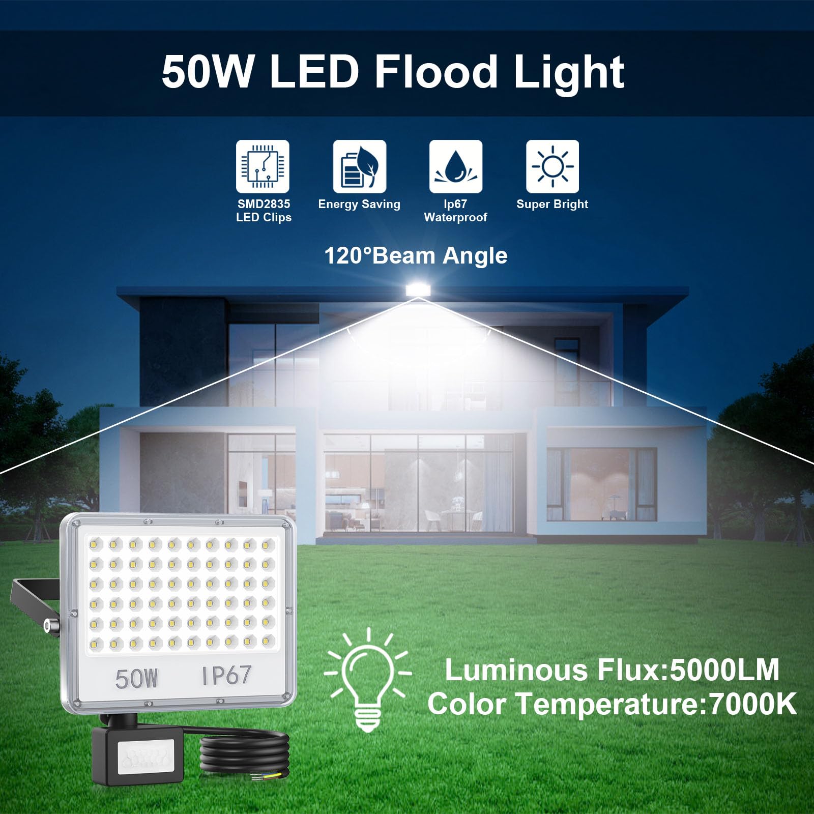 Projecteur LED Extérieur 50W Avec Détecteur - 5000LM - IP67 Étanche - Éclairage Garage, Jardin, Allée