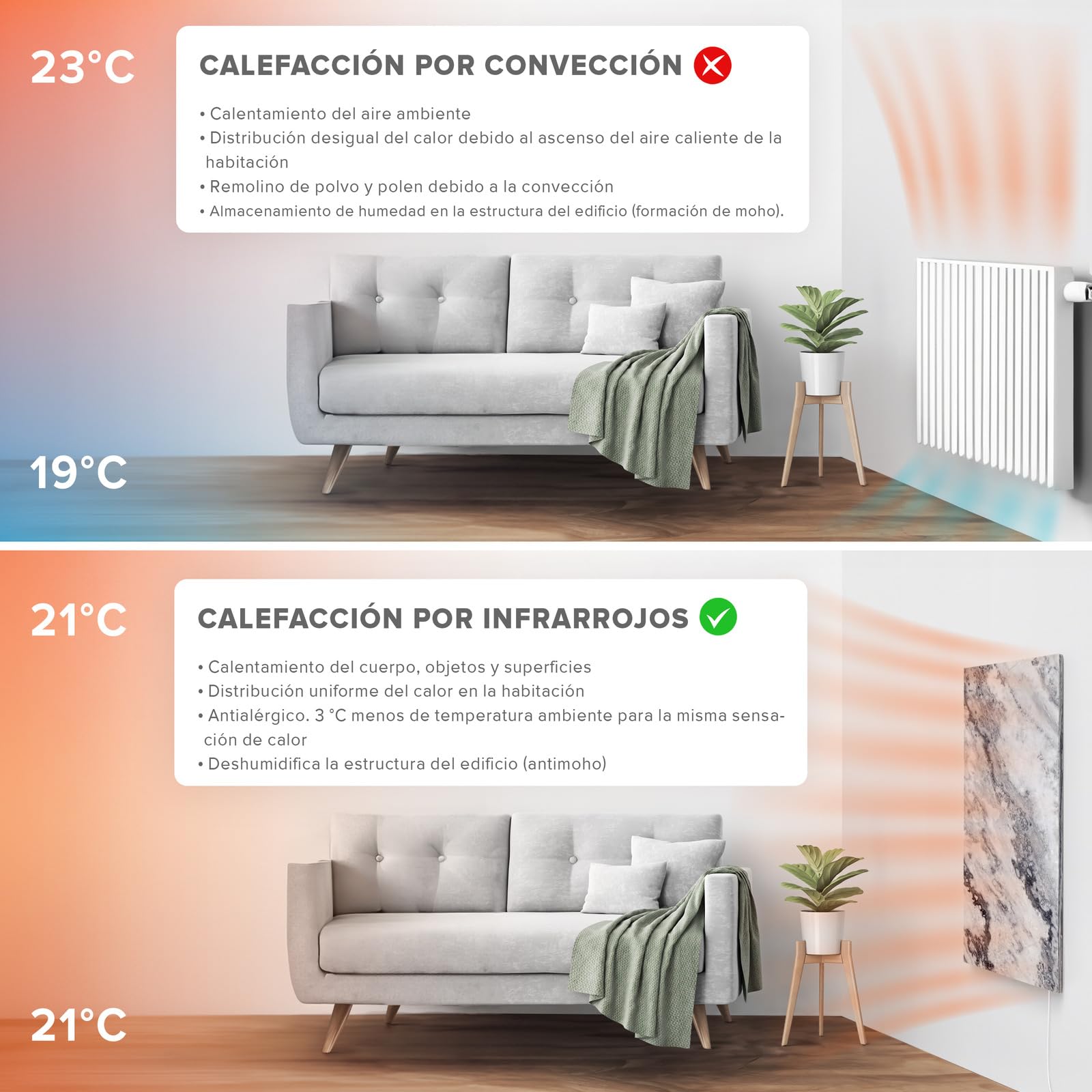 Calefactor de infrarrojos de piedra natural con termostato I 800 W I Carrara-Optik A-800 I Radiador Eléctrico de Pared Eficiente I 5 años de garantía I Calidad alemana