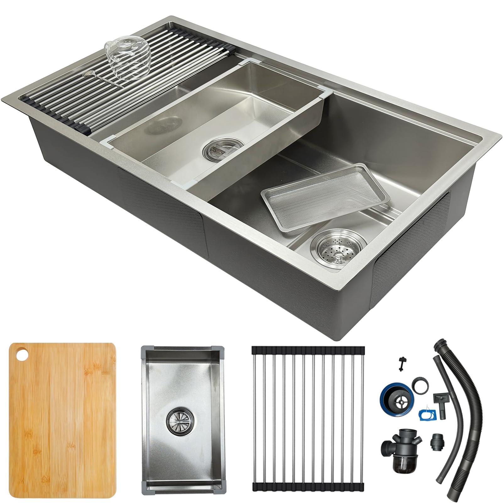 Lavello da cucina rettangolare 90 x 50 cm, in acciaio inox 304, 1 lavandino da incasso, con lavello interno di ricambio e tagliere, lavabo, moderno lavello in acciaio inox con scolapiatti e sifone