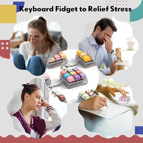 VioraWhite 5 Pcs Keyboard Fidget Clicker Keychain Noisy Fidget Keyboard Colorful 9-in-1 Keycap Stress Relief Decompression Button Finger Clicker for Office Gifts Adults to Relief Stress