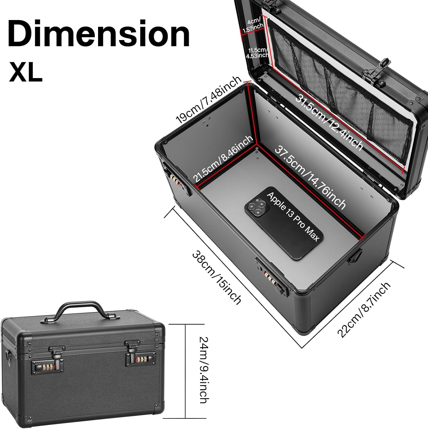 Large Lock Box - 15.1x8.7x9.4 Inch Lockable Security Storage Case with Combination Lock, Locking Medicine Box for Personal Items, Passports and Pills, Lockbox for Home Office, Black image 2