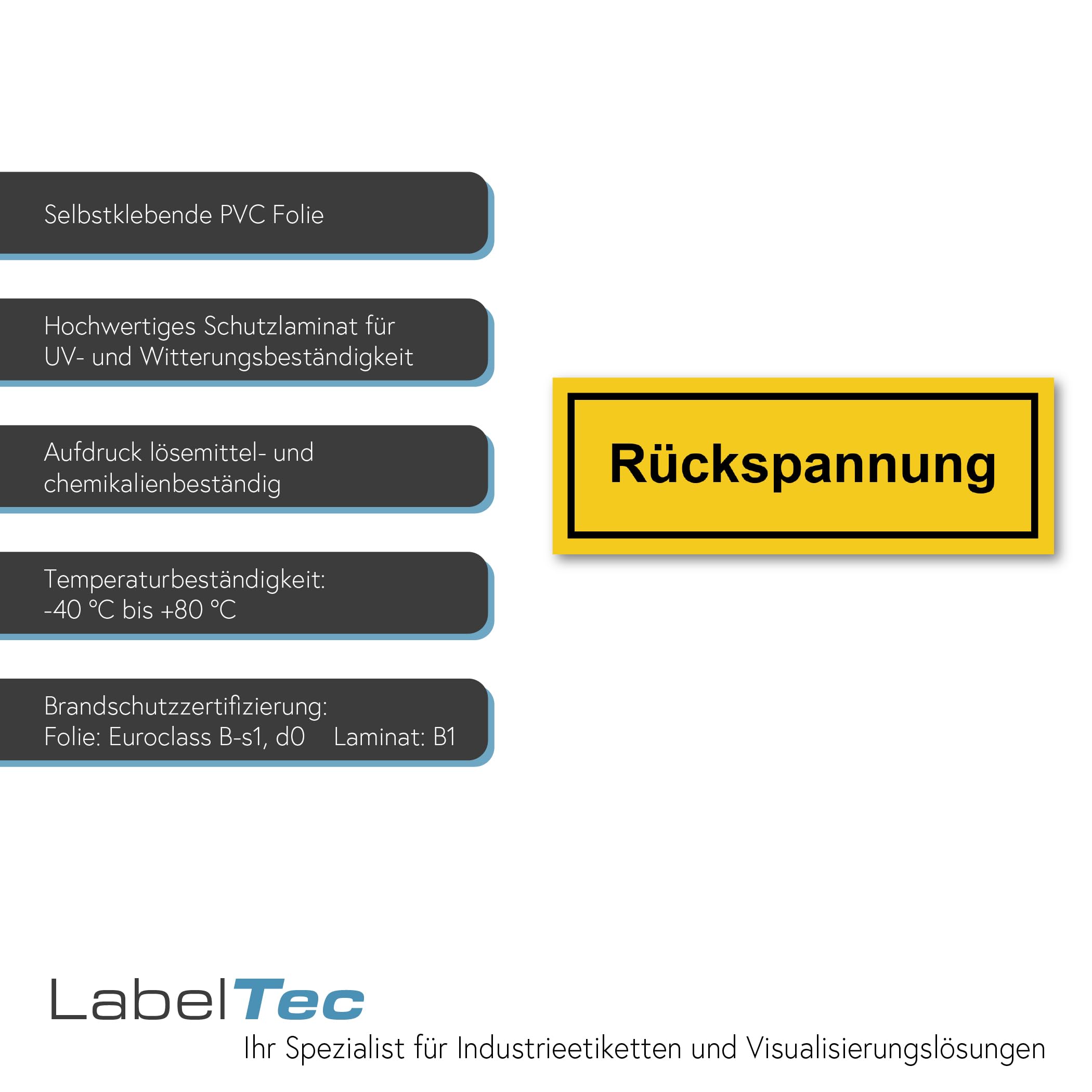 100 Stück Warnaufkleber Rückspannung Sicherheitsaufkleber 210x74mm