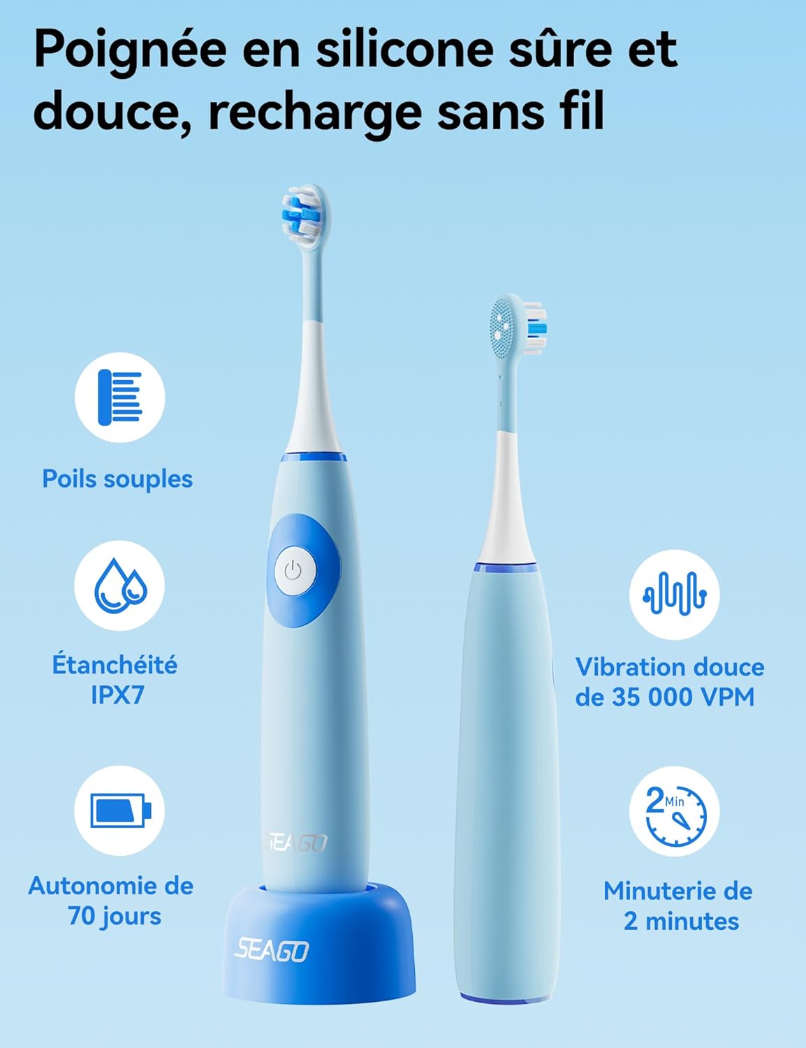 SEAGO Kids Electric Toothbrushes for Ages 5-8 with 2 Sizes Soft Brush Heads, Soft Silicone Handle, 2-Min Timer, IPX7 Waterproof, 35000VPM, Rechargeable 70 Day Battery Life with Charging Base (Blue)