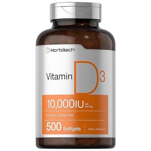 Vitamin D 10000 IU | 500 Softgels | Non-GMO, Gluten Free Supplement | Value Size | High Potency Formula | 250mcg | by Horbaach