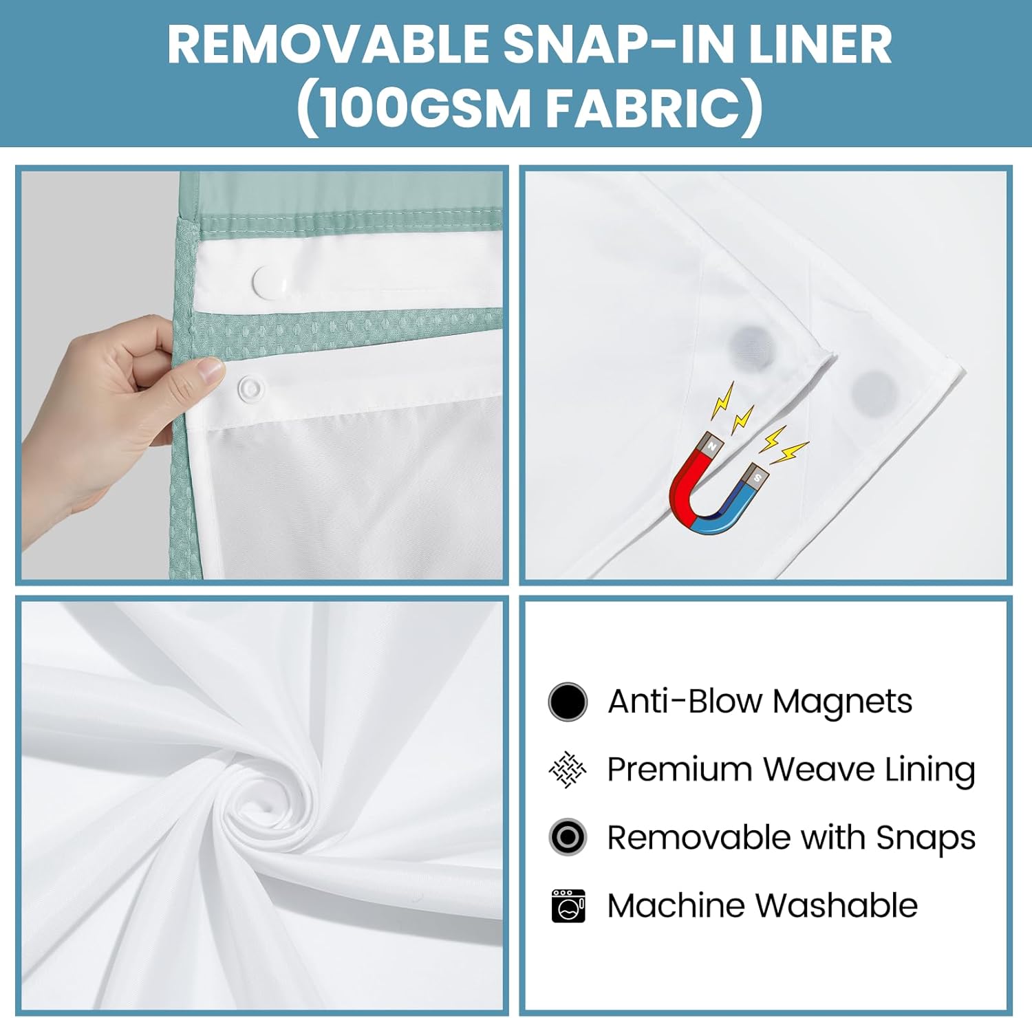 SORTTO No Hook Shower Curtain with Snap in Liner Set Waffle Shower Curtain for Bathroom Hotel Style Fabric Waterproof Inner Liner，71" W x 74" H, Teal