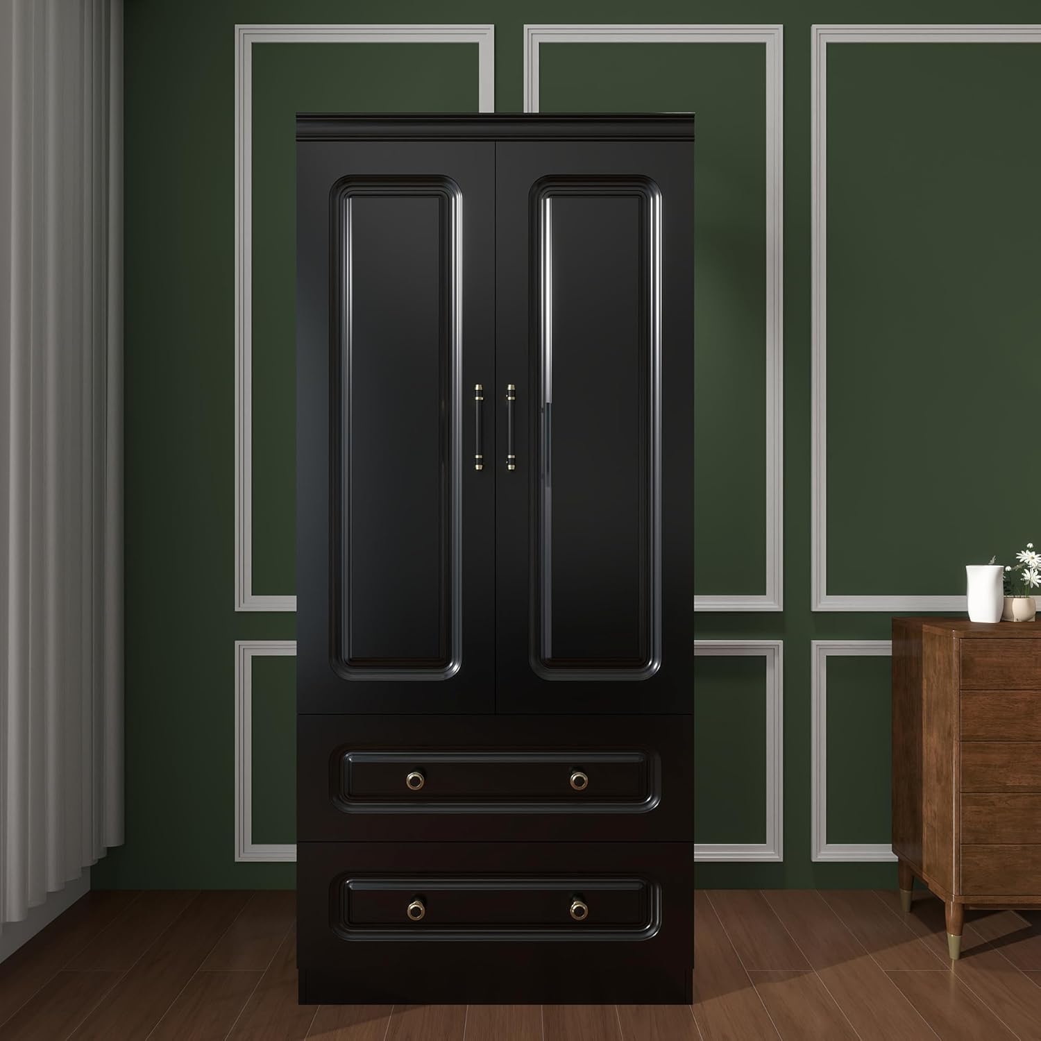 2-Door Modern Bedroom Armoire Wardrobe Closet with 2 Drawers & Hanging Rod, Smooth Black Storage Cabinet for Clothes/Shoes/Blankets 31.50" W x 20.67" D x 70.87" H(67)