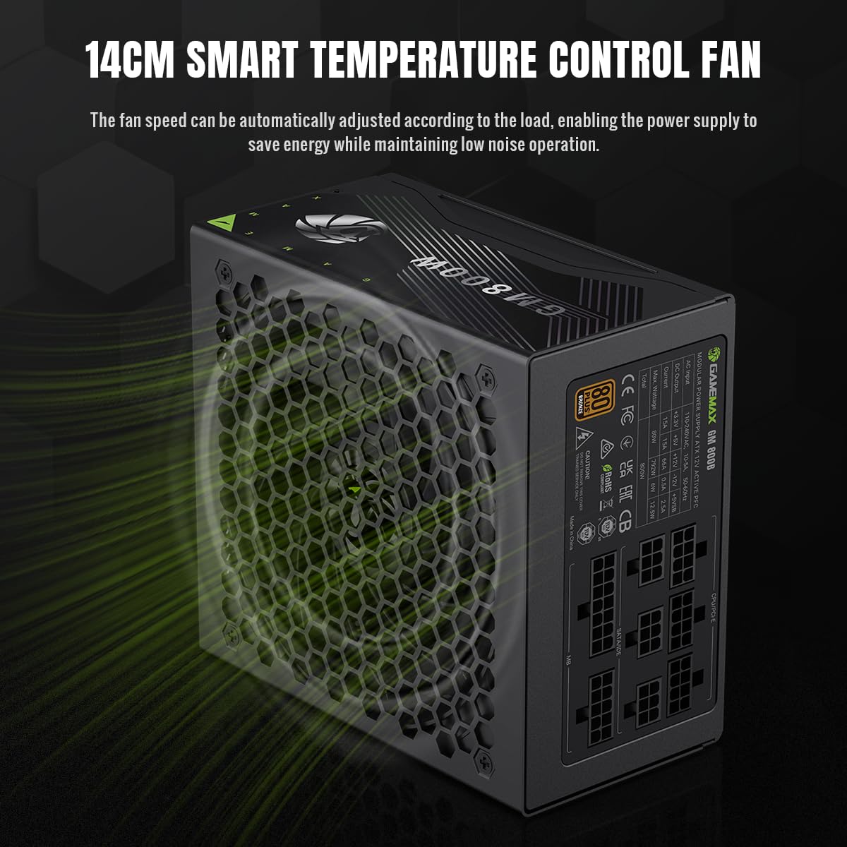 GAMEMAX GM 800B zasilacz PC 800 W, w pełni modułowy, 80 Plus Bronze, Active PFC & DC-to-DC, ATX Single 12 V Rail, wentylator 140 mm, wysokiej jakości kondensatory, 7 funkcji ochronnych, czarny