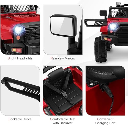 Miniatura 5 de HONEY JOY - Camión de paseo de 12 V con control remoto, suspensión de resorte, faros, música, parabrisas de malla, autos eléctricos para niños,