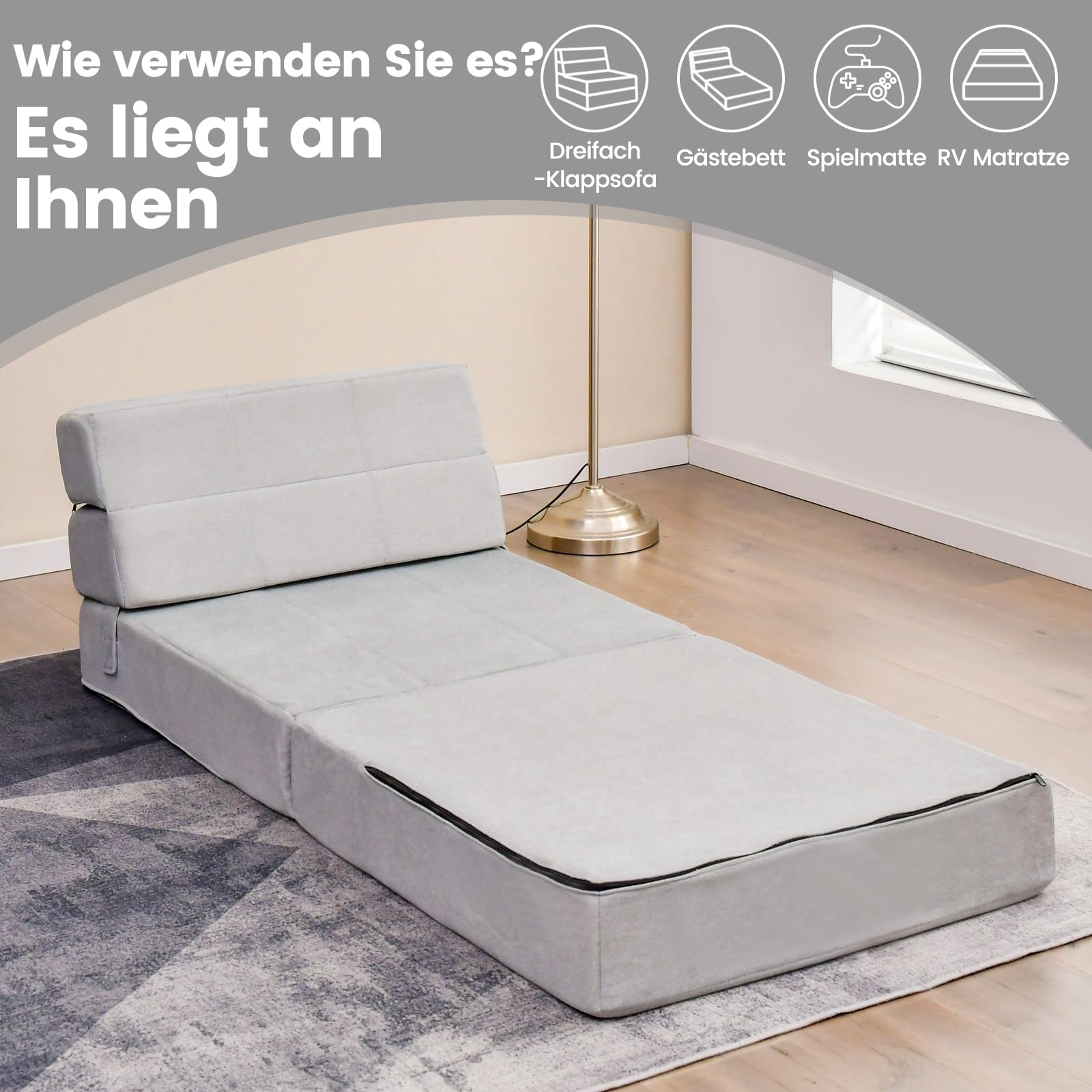 COSTWAY Składana sofa do spania 3 w 1, materac składany, pianka bardzo gruba (15 cm), sofa-łóżko, materac podłogowy, składany materac, materac dla gości ze zdejmowaną i nadającą się do prania poszewką