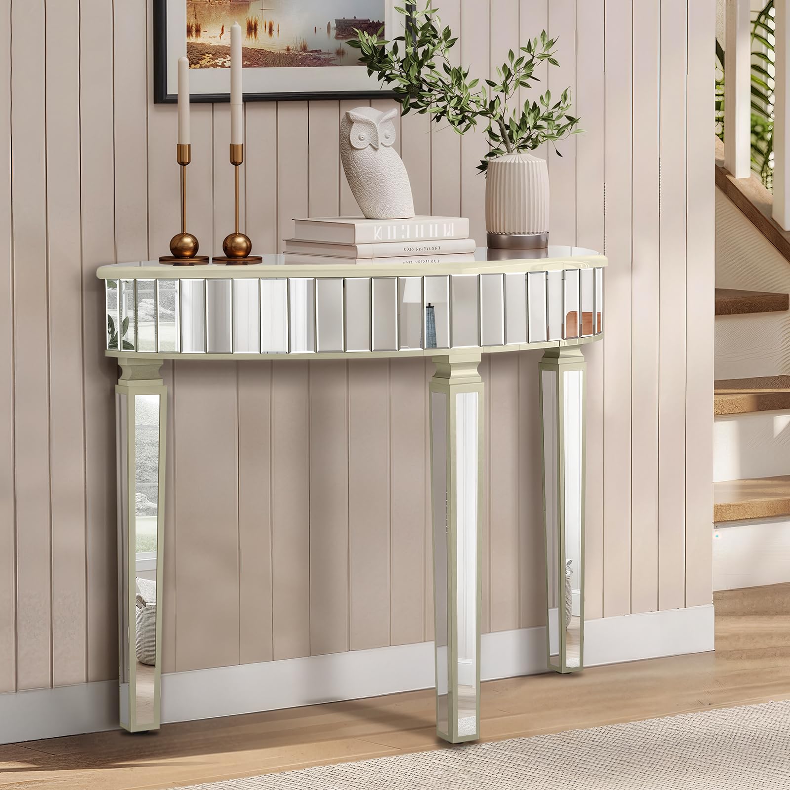 Half-Moon Shaped Mirrored Console Table, 80 cm Long Entrance Sofa Table, Three-Legged Modern Accent Table for Living Room, Hallway, Foyer