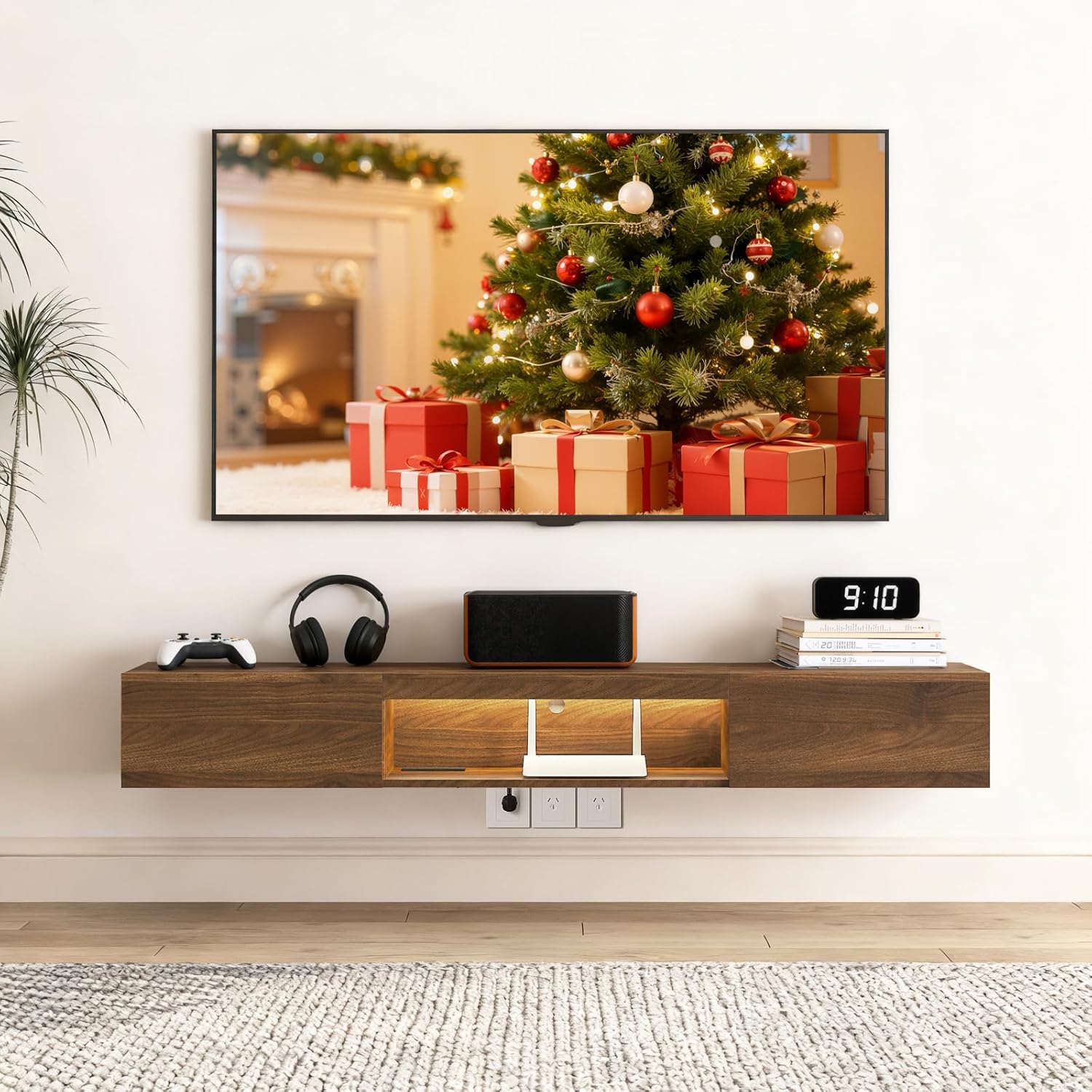 Floating TV Stand Wall Mounted with 16 Color LEDs,63" Modern TV Stand,Floating TV Cabinet Entertainment Center for 55 60 65 Inch TV, Brown