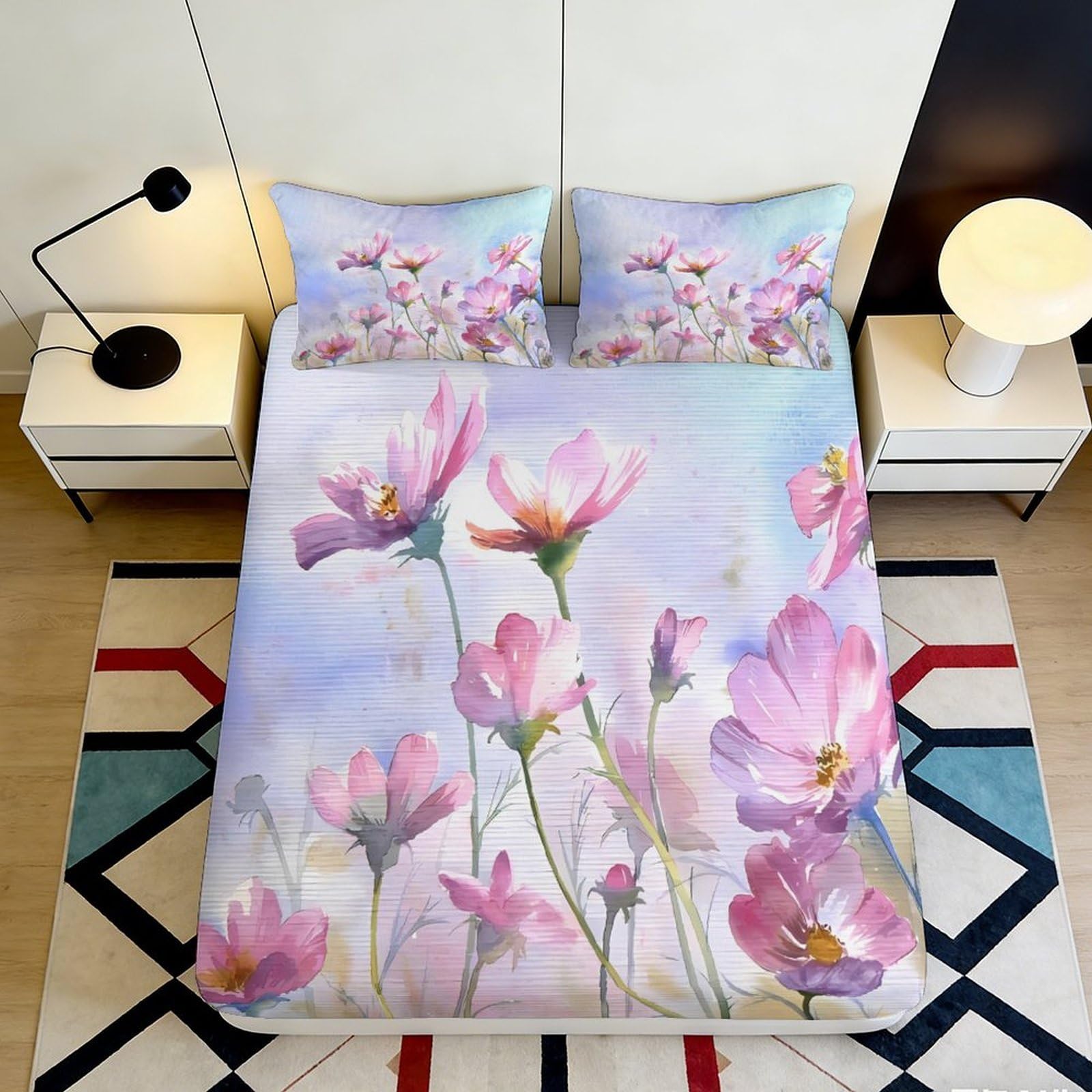 3D Printed Pink Watercolor Flower Fitted Sheet Microfiber Soft Pastel Blossom Bed Cover for Bedroom Guest Room Mattress Protection 90x200x25cm