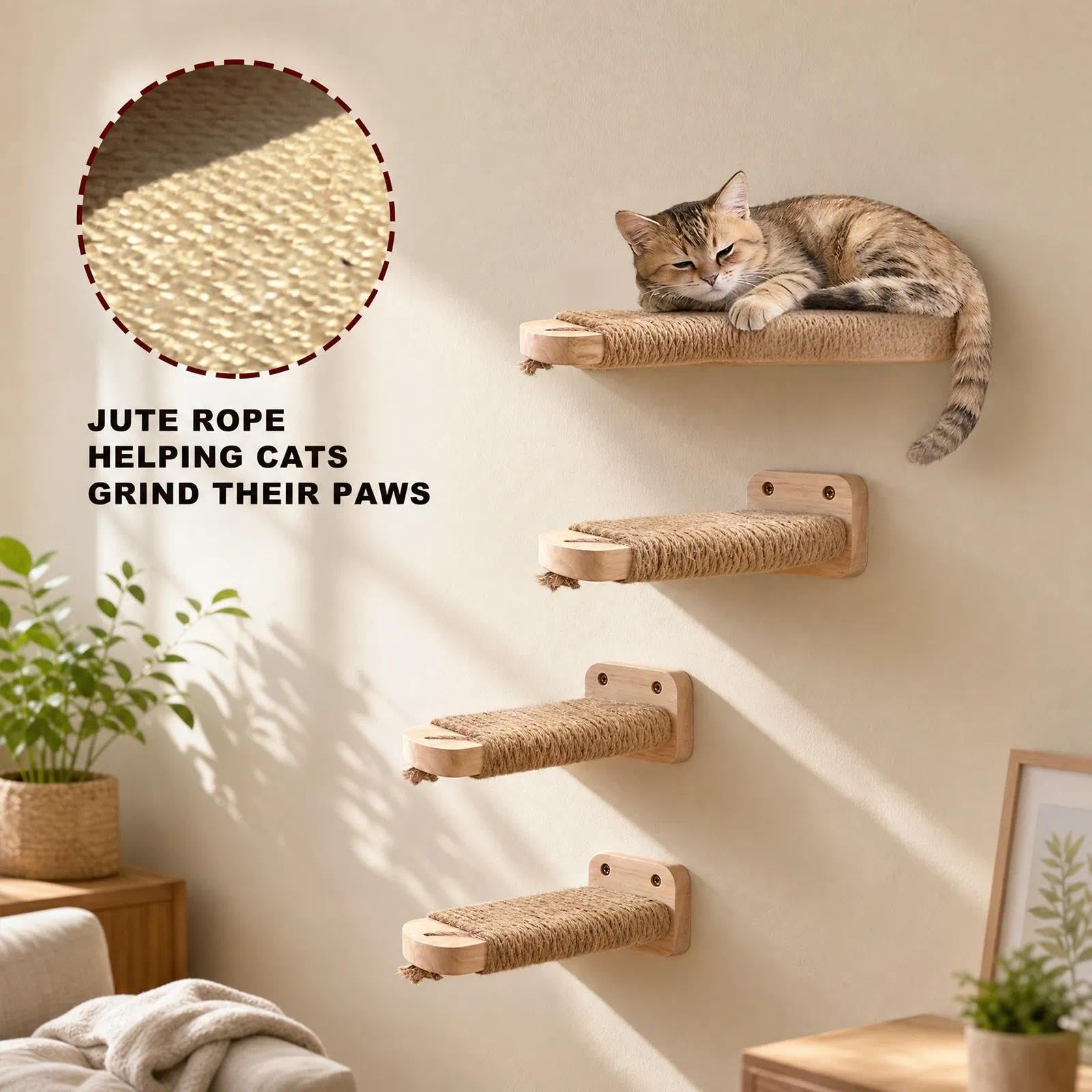 4pcs Katzentreppe Wand, Kletterwand Katzen aus Holz,Wandliege Kletterwand Katzen mit Juteseil zum Kratzen, für Katze Klettern Spielen Massives Gummiholz