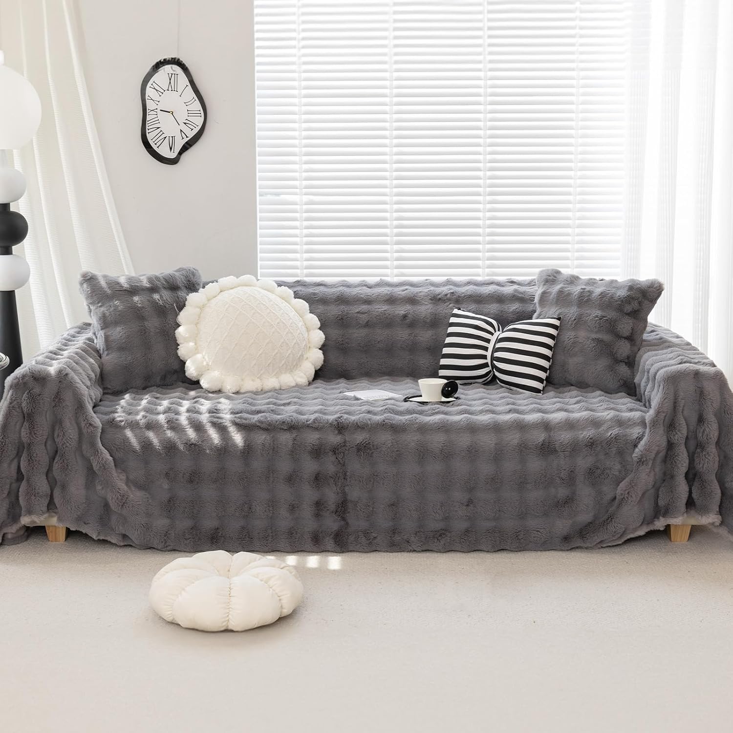 Foreate Fuzzy Plush Sofa Covers, Faux Fur Couch Cover for 3 Cushion Couch Sofa, Sectional Couch Cover, Warm L Shaped Sofa Slipcovers for Dogs, Cats (Dark Grey, 71" x 118")