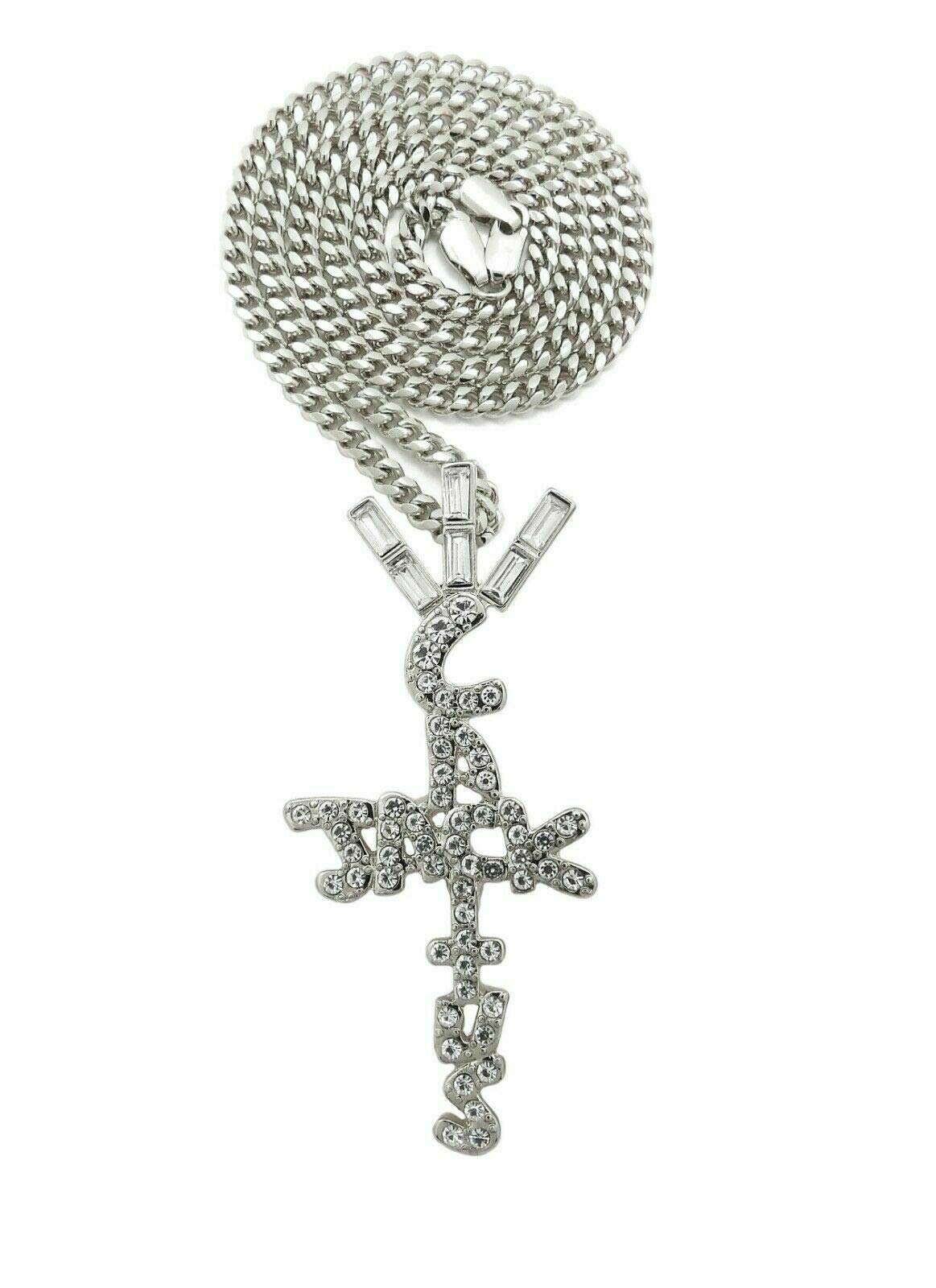 BLINGFACTORY Hip Hop Jewelry Rapper Style Iced White Gold Plated Crystal Cactus Cross Pendant & 3mm 20" Miami Cuban Chain Necklace