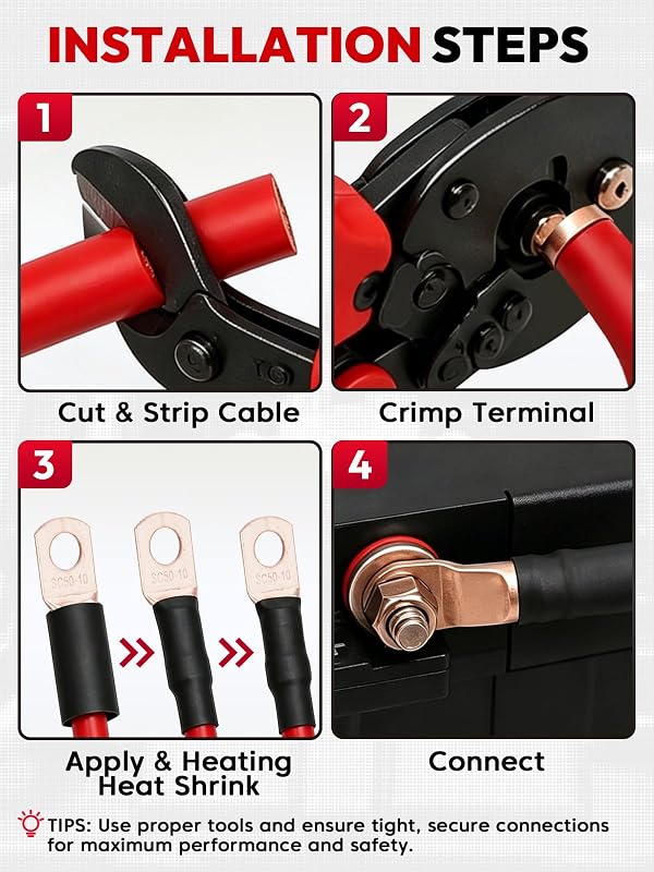 1/0 AWG 40FT Copper Clad Aluminum Battery Cable Kit, 0 Gauge 20FT Red + 20FT Black CCA Power/Ground Wire with 20PCS Ring Terminals & 3:1 Heat Shrink Tubing for Car Audio, RV, Solar, Inverter by YEHERIT - Image 6